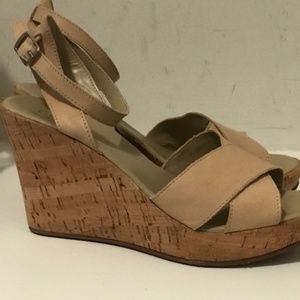 Women's beige Italian leather open toe wedges